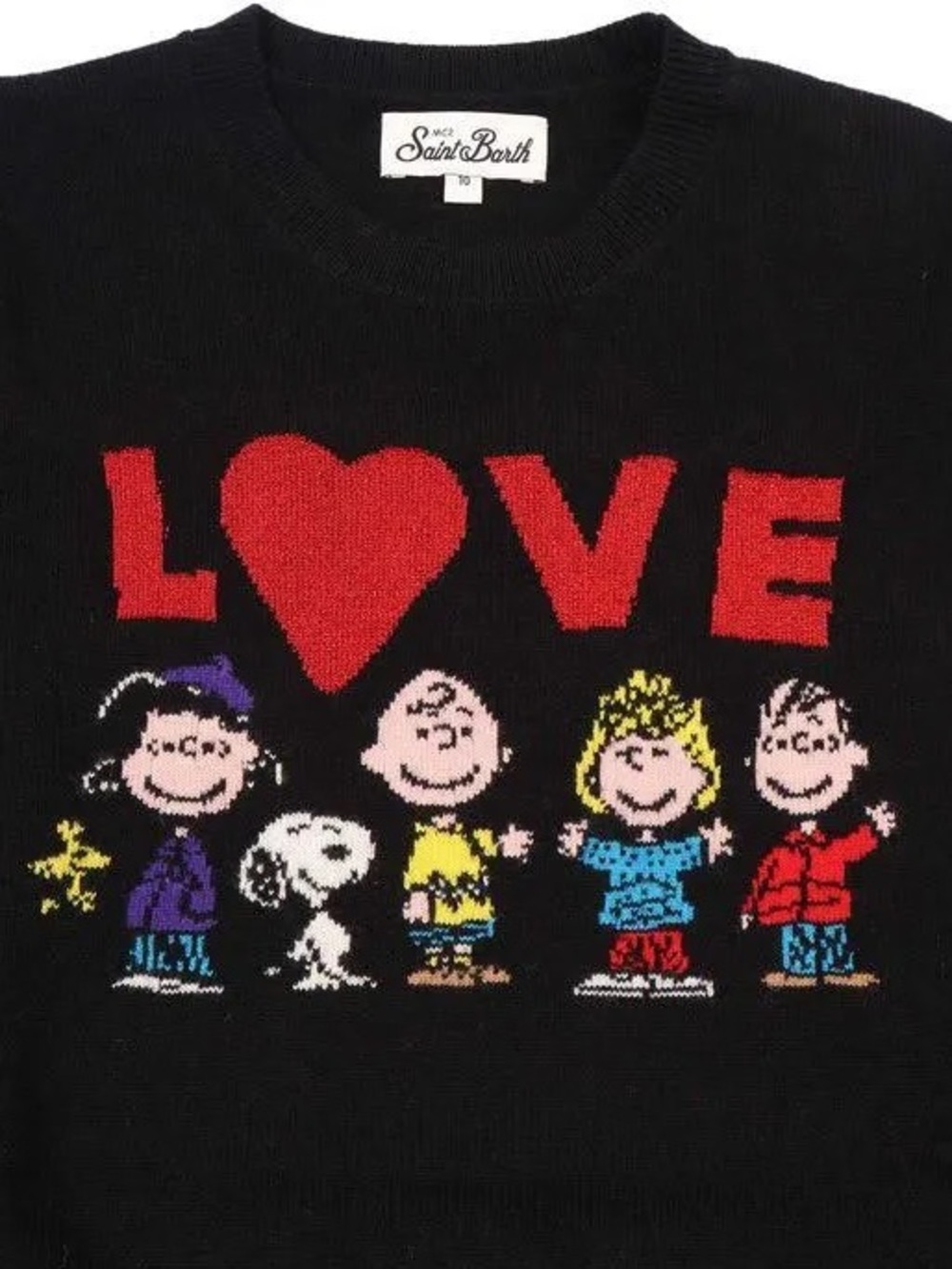 MC2 Saint Barth Black Crewneck Sweater with Red LOVE and Multicolor Characters